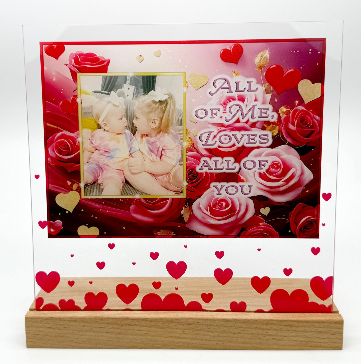 Glass Frame and Wooden Base - Red Heart Design - Valentines Day/Mothers Day