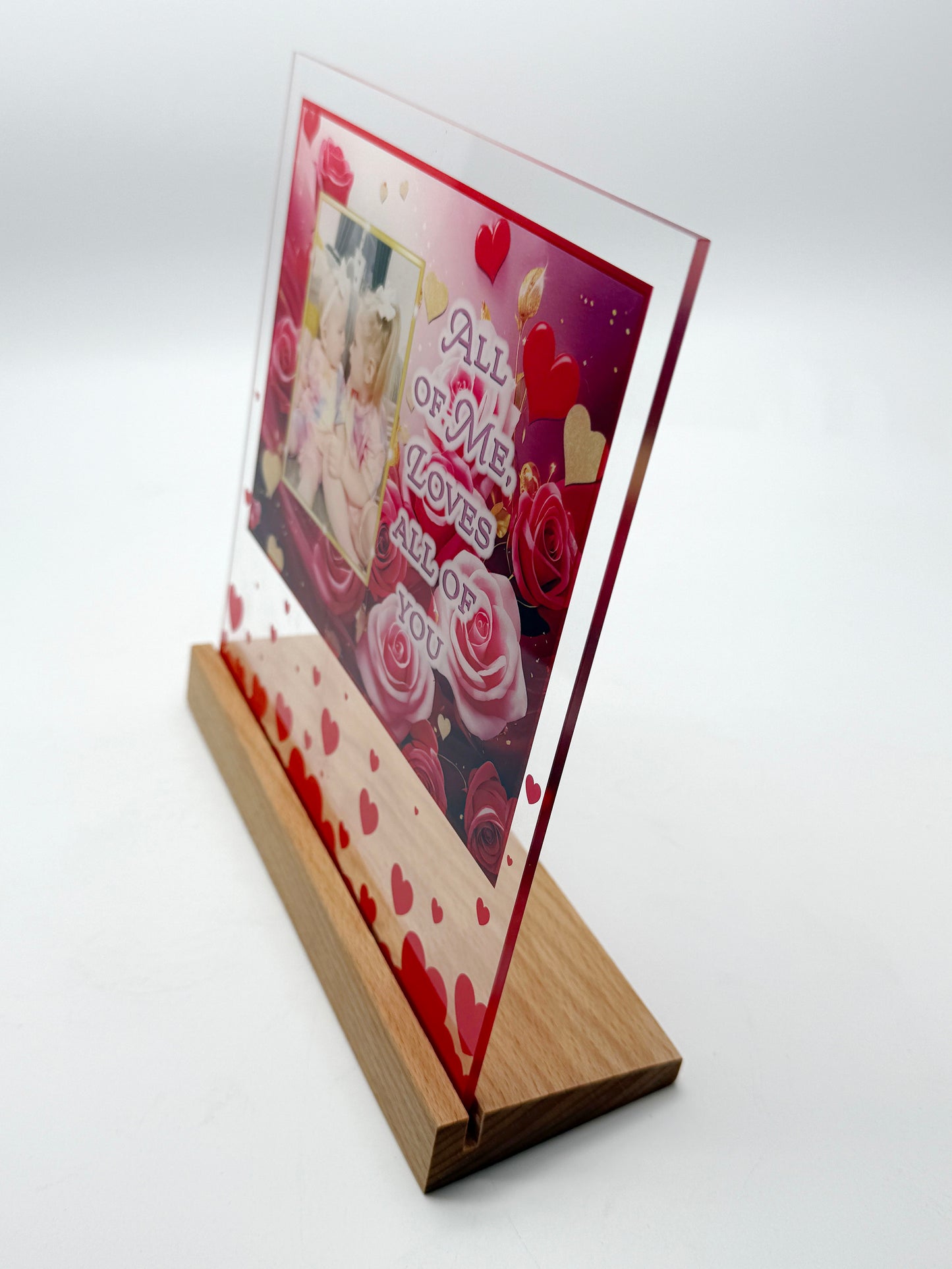 Glass Frame and Wooden Base - Red Heart Design - Valentines Day/Mothers Day