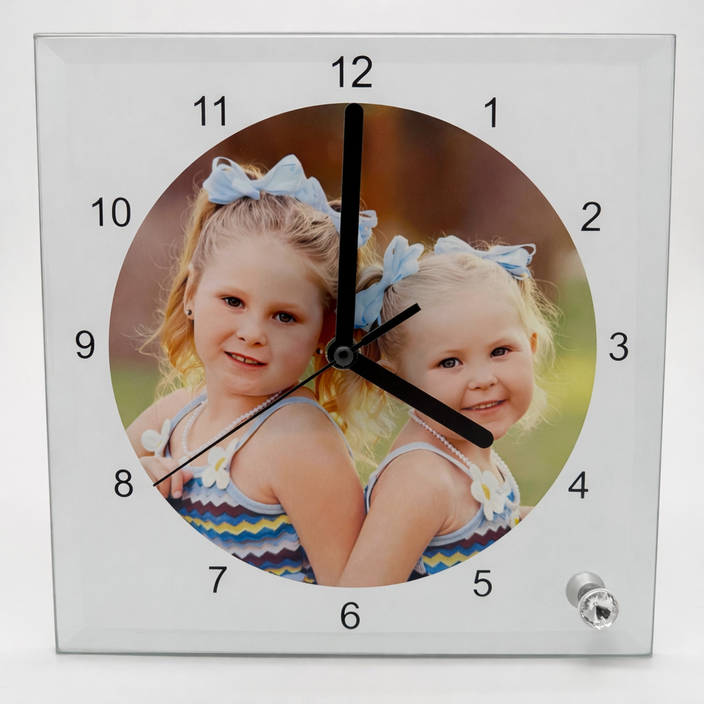 GLASS Desk Clock - Square With Numbers - 20cm